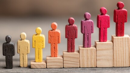 Group of wooden people icons depicting leadership value metric concept with numerical scale for performance evaluation