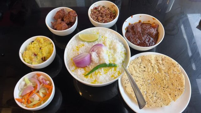 Panta bhat with mutton, papad, dal pakora and alu bharta