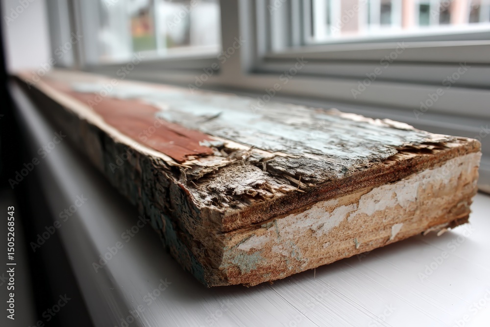 Poster weathered wood plank resting on a windowsill showcasing its rustic charm and unique textures in natu