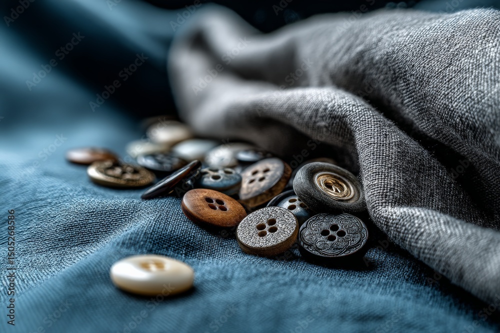 Poster collection of vintage buttons scattered on a textured fabric surface in natural light