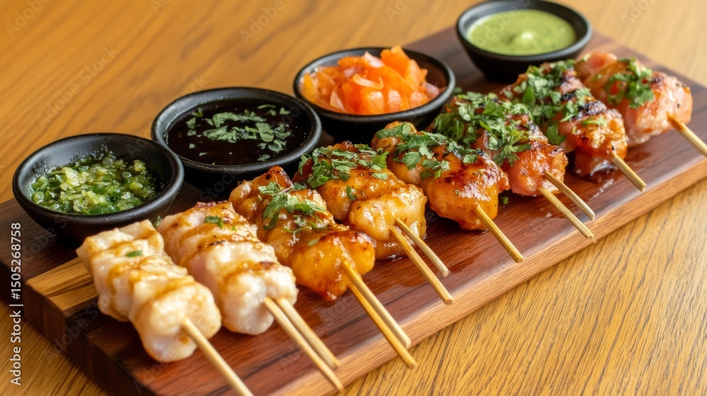 Poster a vibrant shot of yakitori skewers arranged in a fan shape on a wooden board, garnished with fresh h