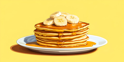 Warm Pancakes Topped with Banana and Syrup Breakfast Dish
