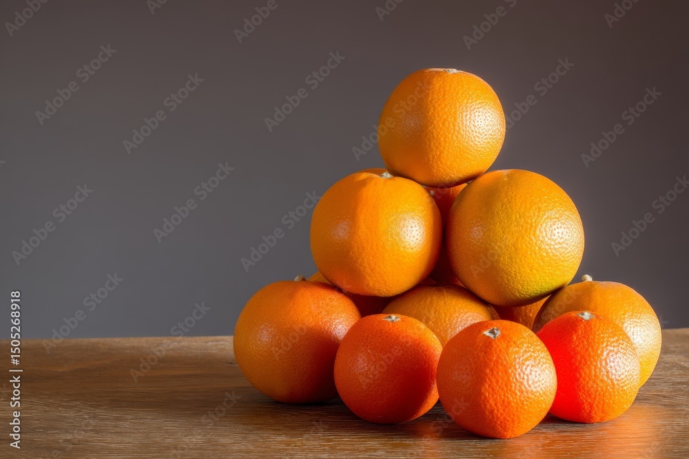 Poster Fresh oranges piled in a pyramid shape on a wooden table against a simple background