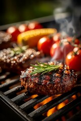 Close-up of sizzling grilled steaks and vegetables on an outdoor grill, smoke rising subtly.