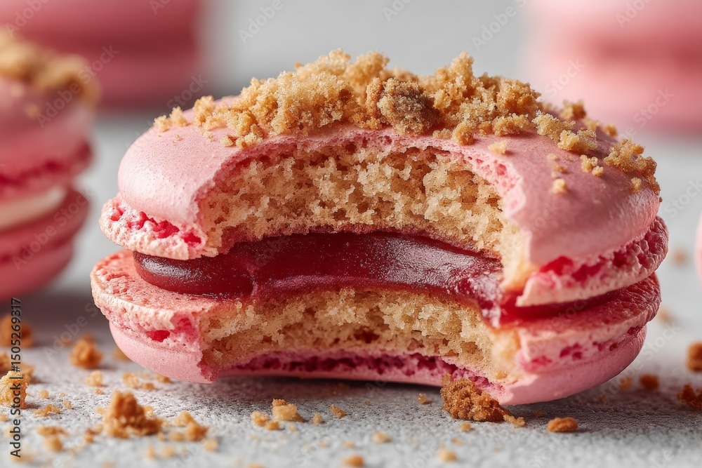 Poster pink macarons filled with fruit jam and topped with cookie crumbs are ideal for dessert lovers in a 