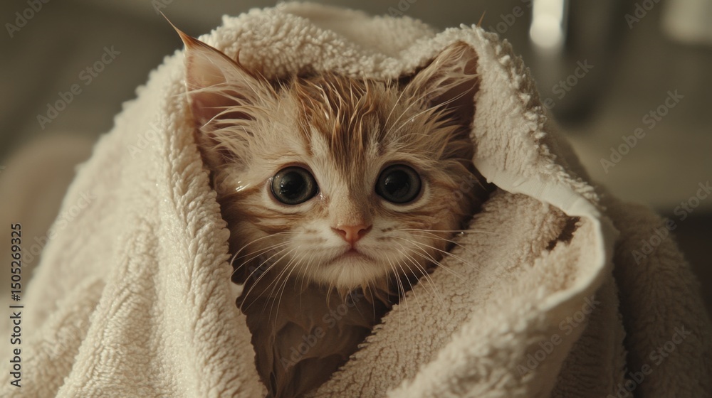 Poster a wet cat wrapped in a soft towel after a bath, looking calm and comfortable