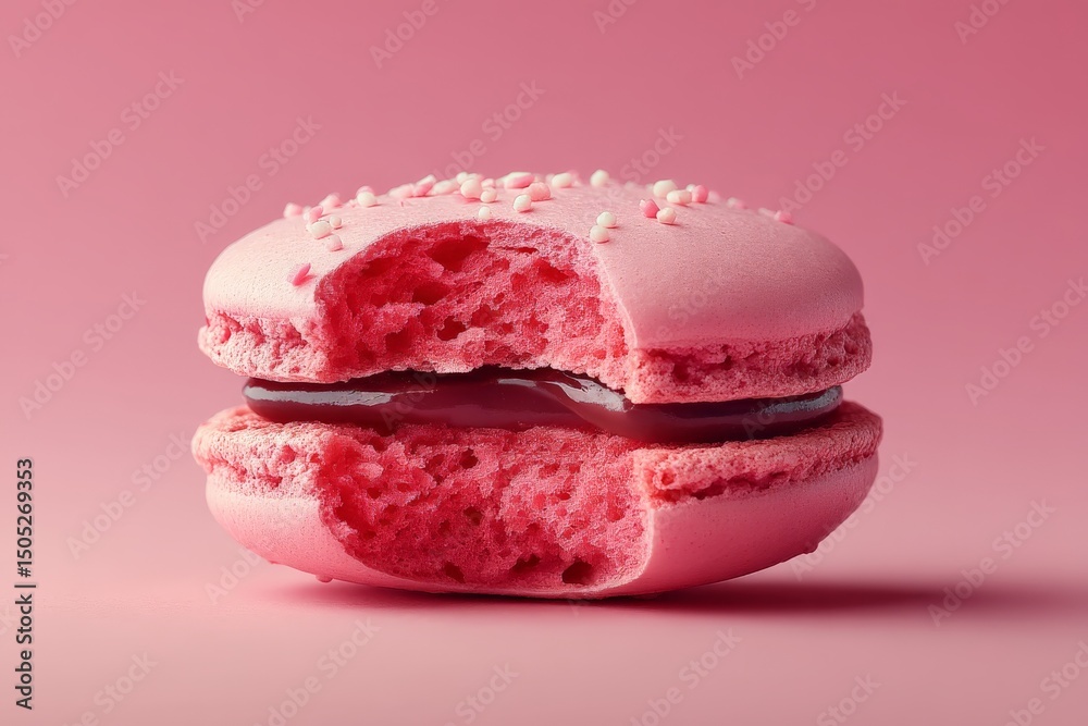 Poster pink macaron dessert with a bite taken, showcasing texture and filling in a minimalist setting