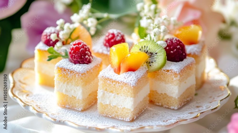 Poster a whimsical presentation of mini honey toast bites served on a plate, topped with colorful fruit and