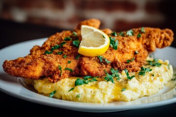 Delicious fried fish served with creamy grits topped with fresh parsley and lemon