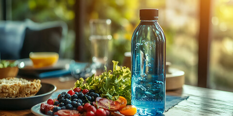 Water Bottle on Table with Healthy Meal Balanced Nutrition