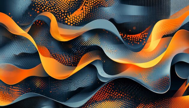 Abstract Background with Flowing Orange and Gray Waves Halftone Pattern Digital Art