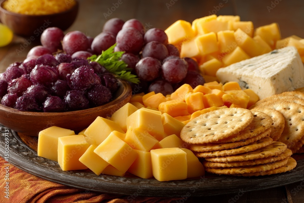 Poster cheese and cracker platter with fresh grapes, a delightful spread for gatherings or casual snacking 
