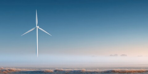 A wind turbine stands tall in a misty landscape under a clear blue sky, surrounded by frosty grass.