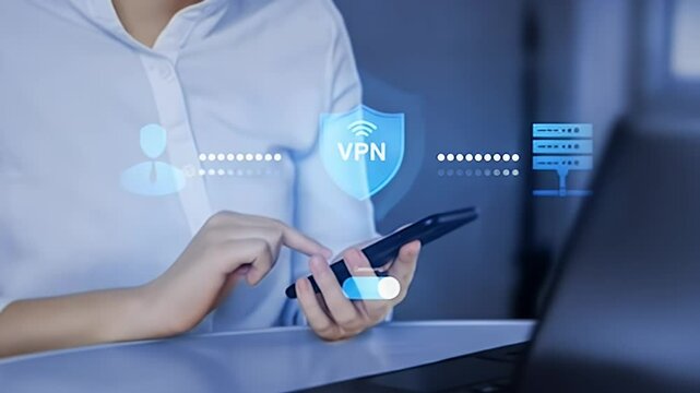Woman Using Smartphone with VPN Connection Interface Overlap on a Laptop with White Shirt and Blurred Background in a Professional Setting