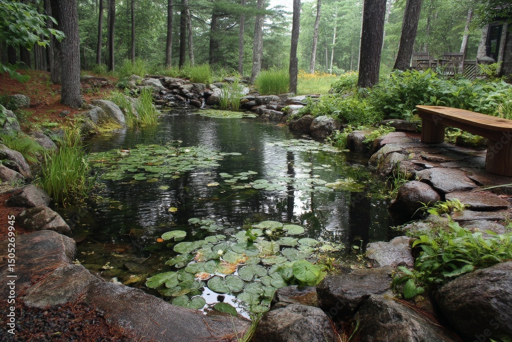Aufkleber quiet pond surrounded by trees and rocks in a lush green forest during a serene afternoon