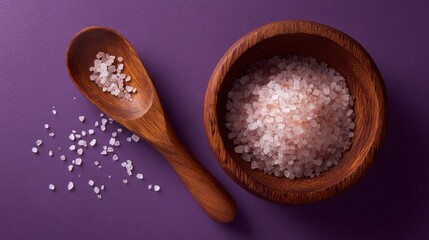 A wooden spoon and a bowl of salt are on a purple background