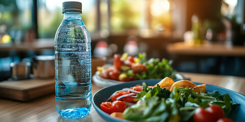 Water Bottle on Table with Healthy Meal Balanced Nutrition