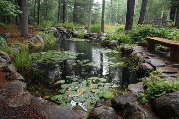 Naklejka premium Quiet pond surrounded by trees and rocks in a lush green forest during a serene afternoon