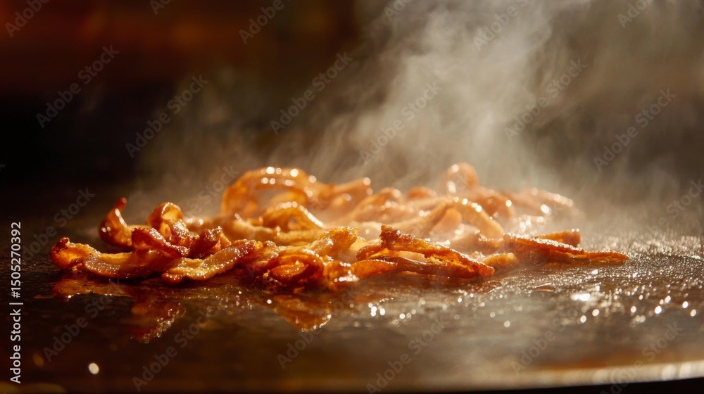 Poster bacon strips sizzling on a flat top grill, with detailed focus on the grease bubbling and the edges 