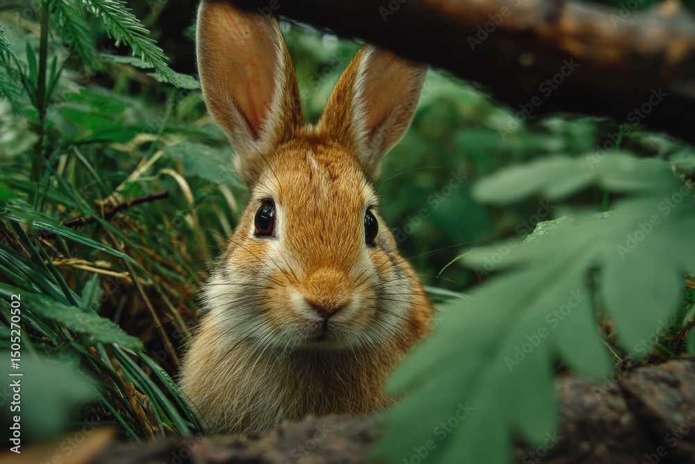 Poster curious rabbit peeking through green foliage in a tranquil forest setting during daytime