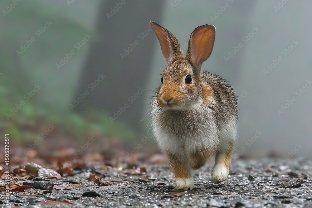 Poster Rabbit running on a misty forest path surrounded by wet leaves and trees during early morning hours