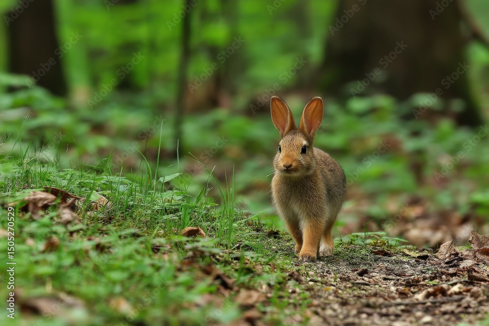Poster small brown rabbit exploring a forest path surrounded by green foliage during the day