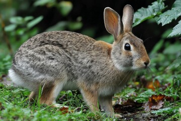 Fototapeta premium Rabbit foraging in a lush green garden during a sunny afternoon in late spring