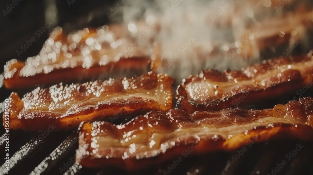 Poster close-up of bacon slices sizzling on a grill, with char marks and golden fat dripping off the crispy