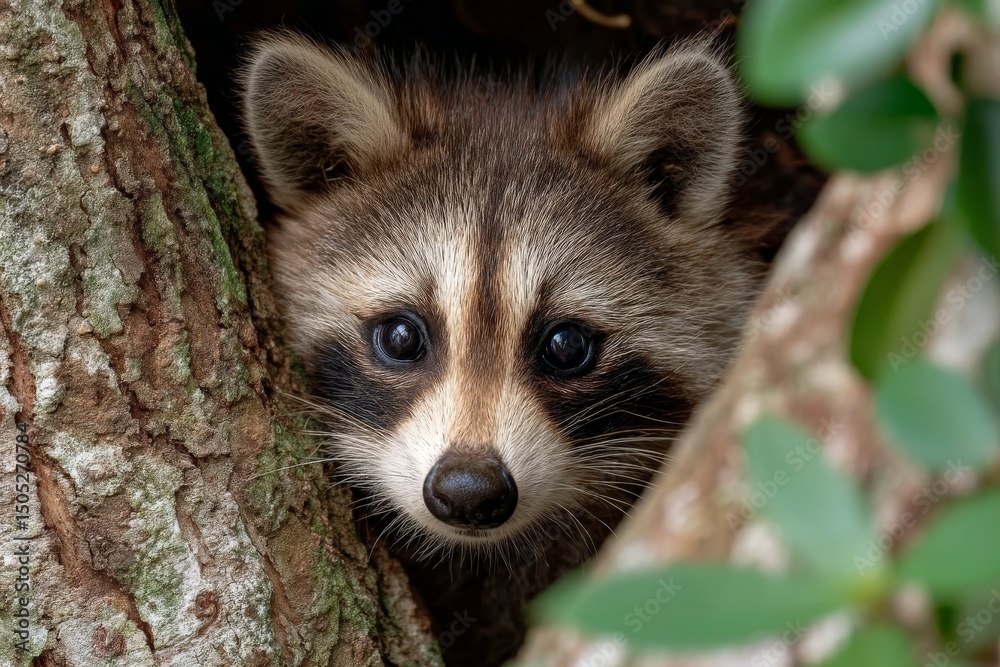 Poster Curious raccoon peeking from behind tree trunk in a forest during daylight hours