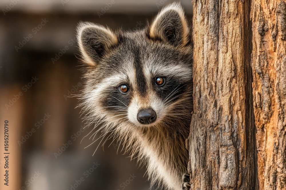 Aufkleber Raccoon peering from behind a tree trunk in a natural setting during daylight hours