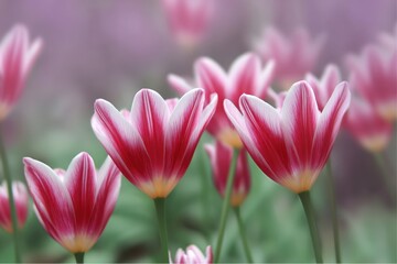 Fototapeta premium Blooming tulips with white and red petals during daytime in garden, flowers with soft background
