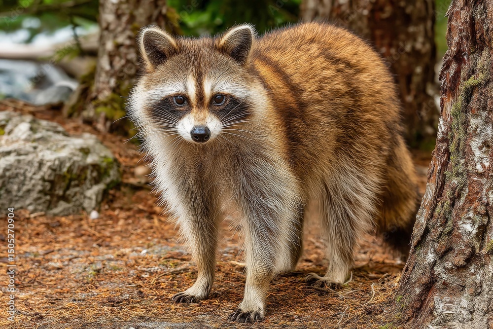 Poster raccoon exploring forest floor near trees under soft daylight