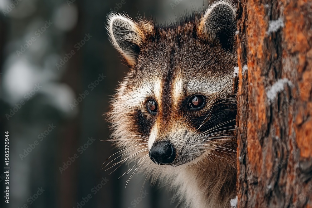 Poster raccoon peeking from behind a tree in a snowy forest during winter afternoon
