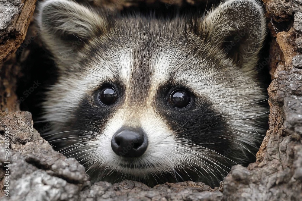 Poster raccoon peeking from tree hollow in a forest during daylight hours in early spring