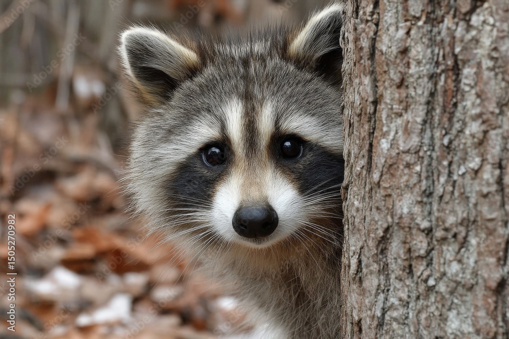 Poster curious raccoon peeks from behind a tree in a forest during autumn