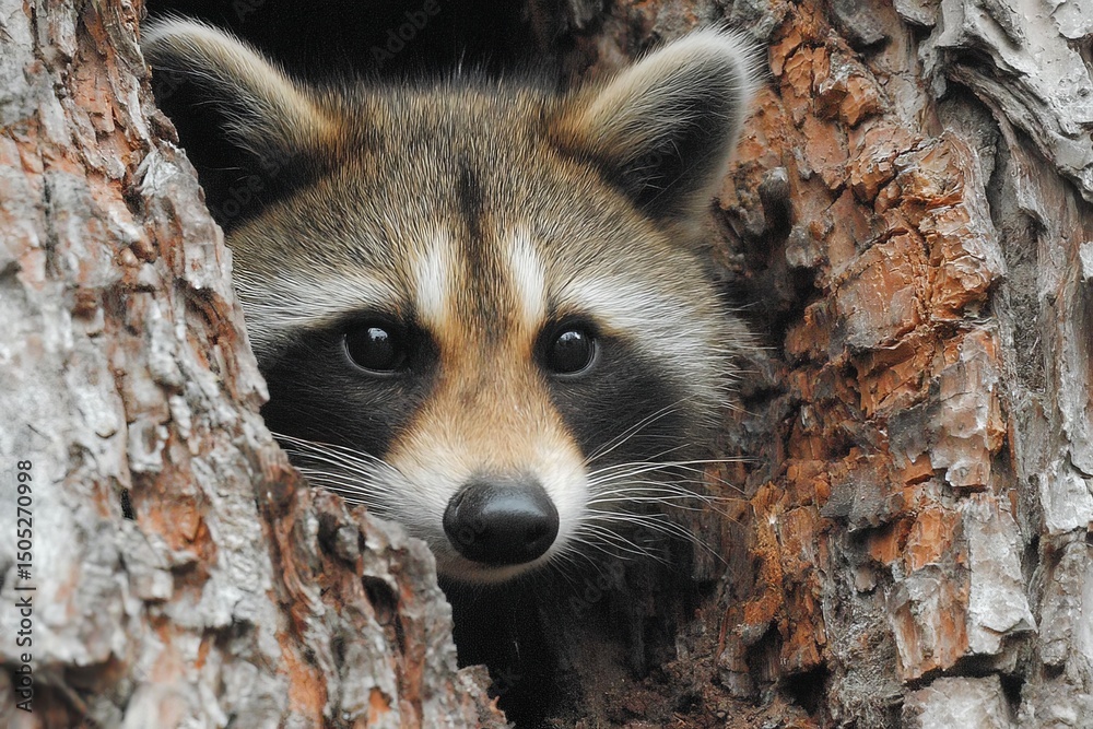Poster raccoon peeking from a tree hollow in a forest during daylight hours