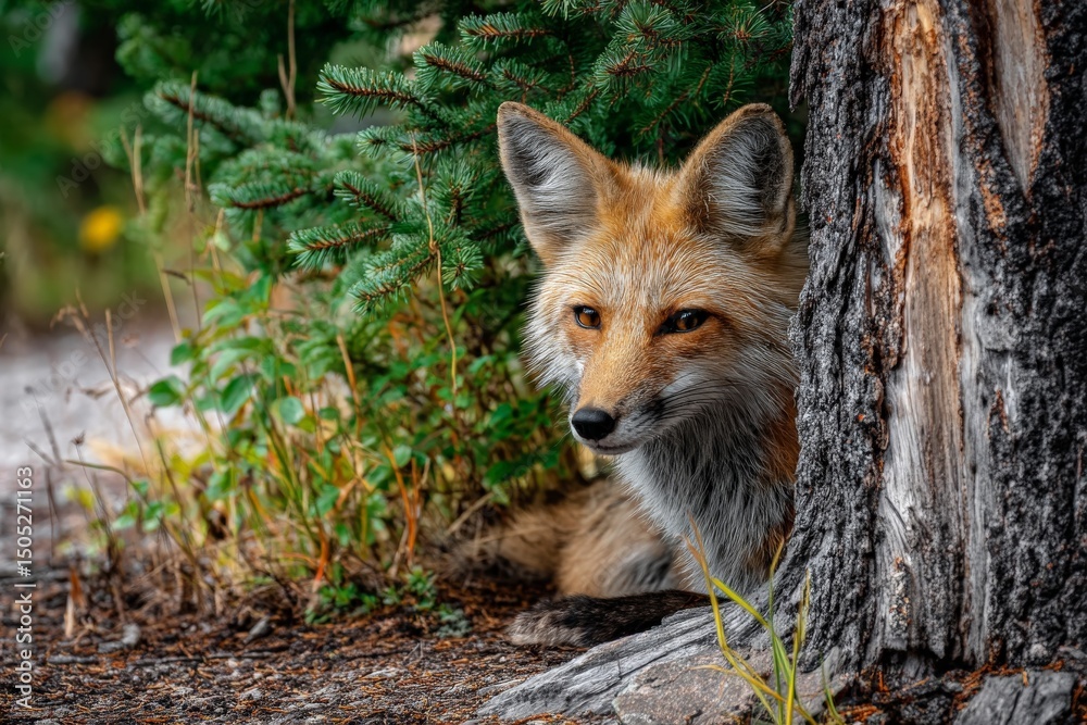 Aufkleber Fox resting in the shade of a tree in a forest during a sunny day in summer
