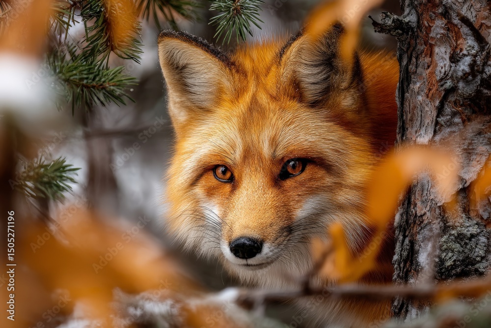 Poster fox peeks through autumn foliage in a tranquil forest setting during the early morning hours