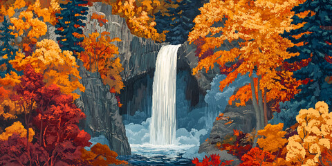 Waterfall Autumn Foliage Vibrant Fall Colors Nature Landscape