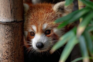Red panda peeking through bamboo at a wildlife sanctuary on a sunny afternoon