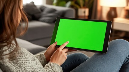 Tablet Green Screen Isolated. Beautiful Businesswoman Browsing Internet on Chroma Key Computer Display at Daytime.