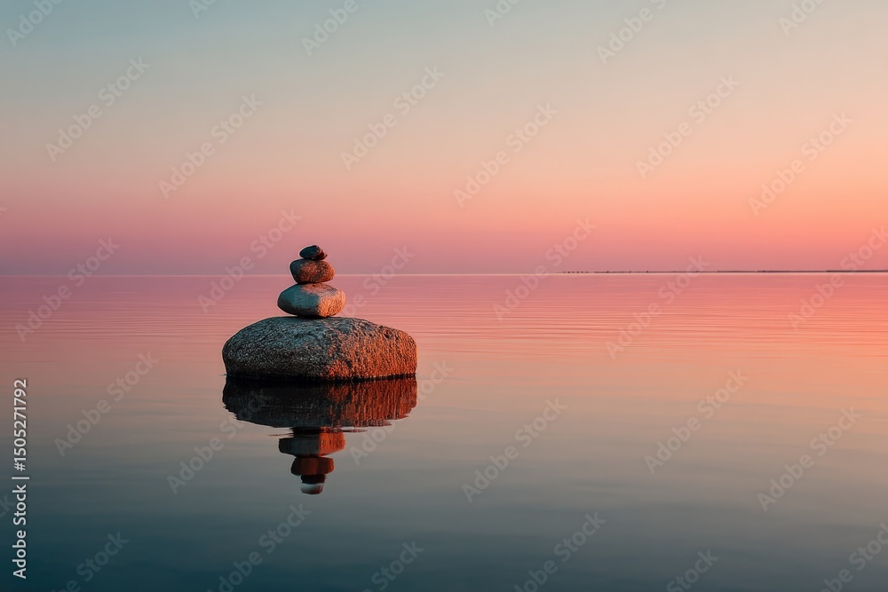 Poster rocks balanced on a stone in calm water during sunset with colorful sky reflecting on the surface