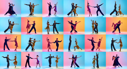 Creative mosaic. Elegant ballroom dancers in dramatic poses under neon lights performing tango moves against gradient backgrounds. Concept of dance, choreography, elegance, celebration, color