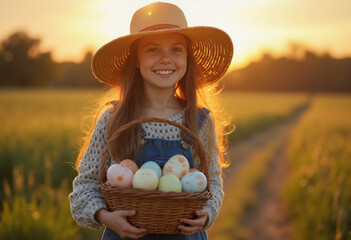 girl posing with basket of painted eggs for easter holiday against beautiful sunset in field with beautiful flowers and herbs