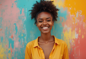 portrait of a young girl is standing against a wall, which has been painted with bright, multicolored paint.