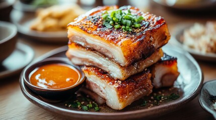 Golden-brown pork belly slices stacked neatly on a plate, with the crispy skin glistening and crackling, set on a wooden table with a side of dipping sauce.