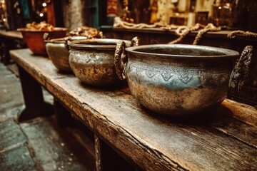 Fototapeta premium Antique metal bowls displayed on a rustic wooden table in a marketplace set in an ancient town