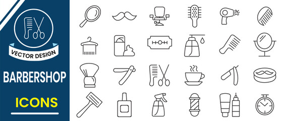Fototapeta premium Barber shop, salon icon elements collection. Line icon of Barber shop vector symbol such as hair brush, face mask, barber, tweezer, dye, magazine vector barber chair, hair pins. Vector illustration.