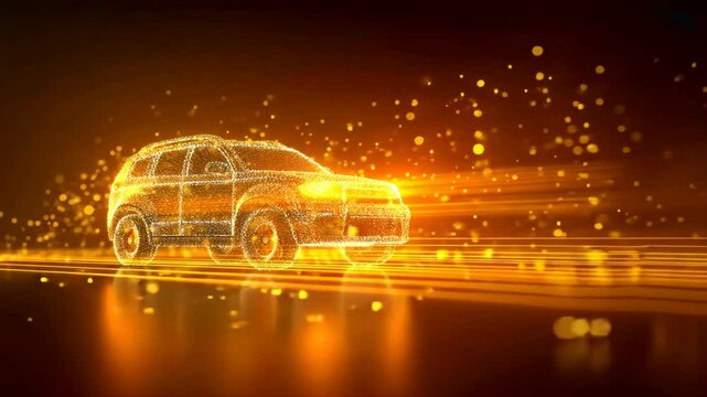 Golden car made of bright floating particles, showing digital concept of future mobility and online ride service in modern on demand ride services