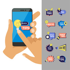 Quick tips. badges collection for smartphones ui. quick tips printing templates